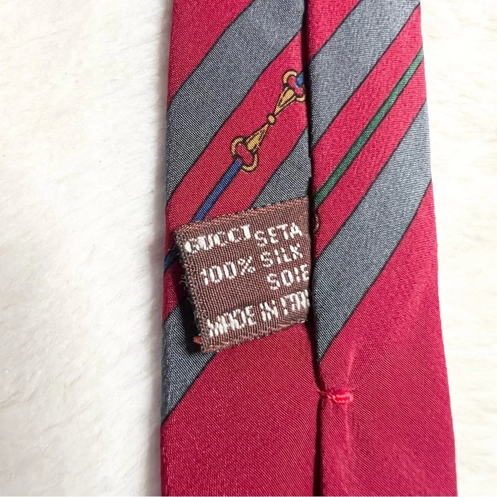 Vintage Gucci Silk Monogram Horsebit Tie Red Gray Vertical Striped Navy Gold